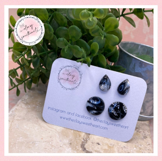 1317 black and silver polymer clay stud earrings