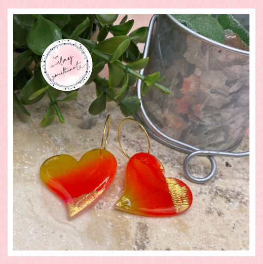 2508 pink, orange, yellow heart hoop earrings