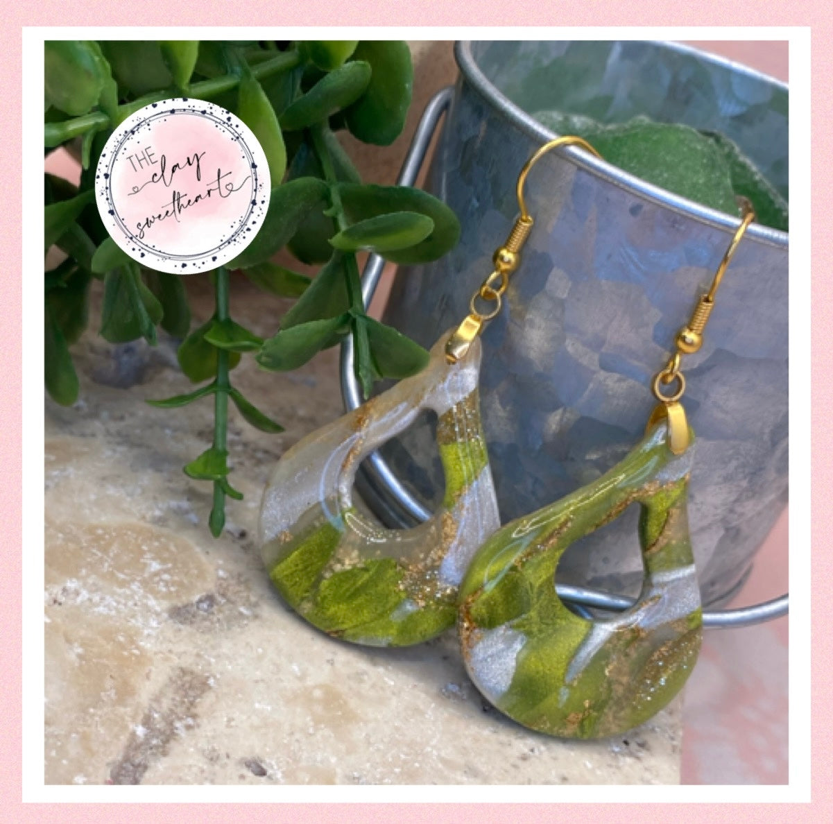 1706 green and gold polymer clay teardrop earrings