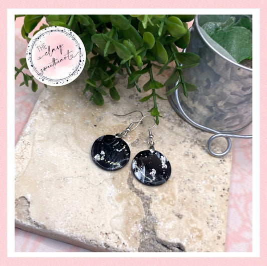1314 polymer clay black and silver circle earrings