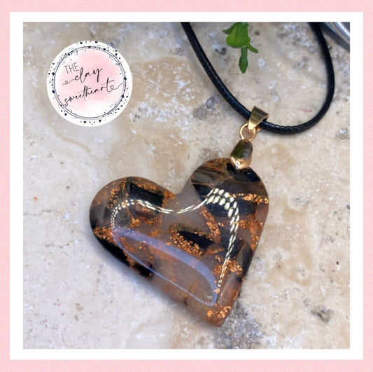 1409 black and copper polymer clay heart necklace