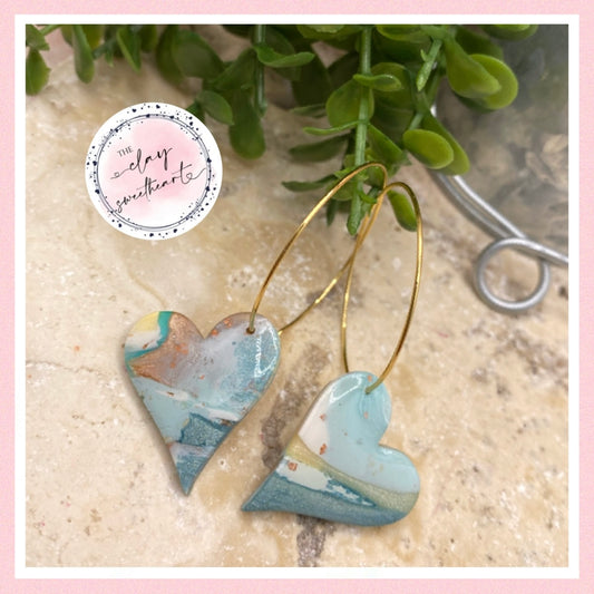 2408 blue gold heart hoop earrings