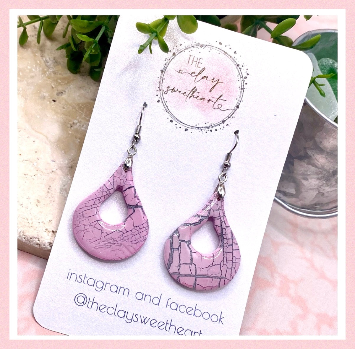 609 Pink crackle polymer clay earrings
