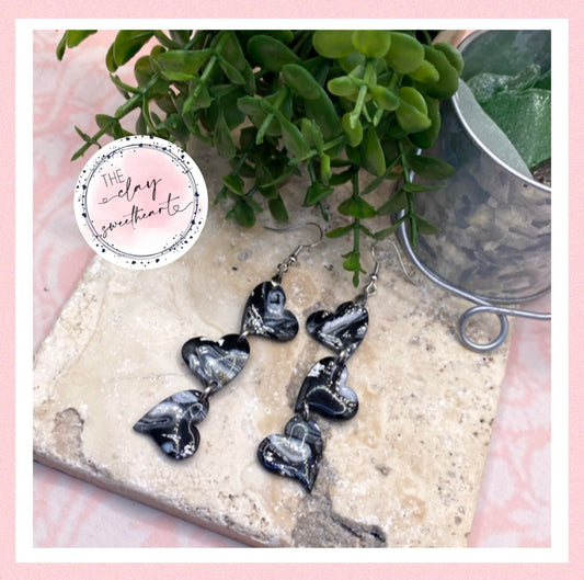 1304 polymer clay black and silver heart earrings