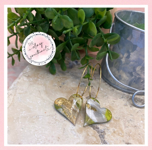 1710 green and gold polymer clay heart hoop earrings