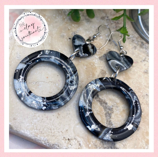 1312 polymer clay black and silver hoop earrings