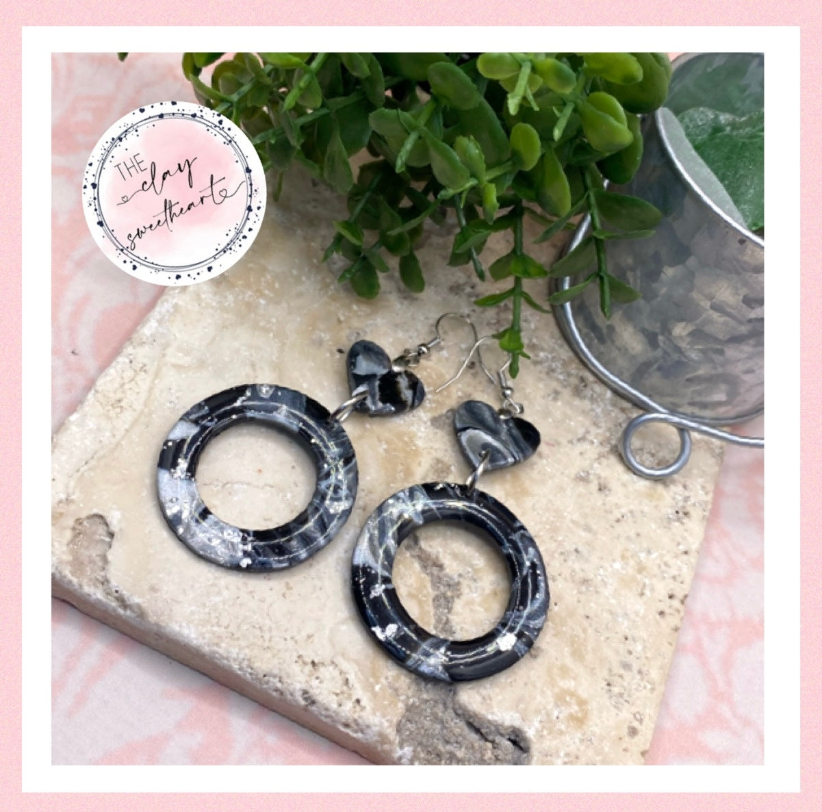 1312 polymer clay black and silver hoop earrings