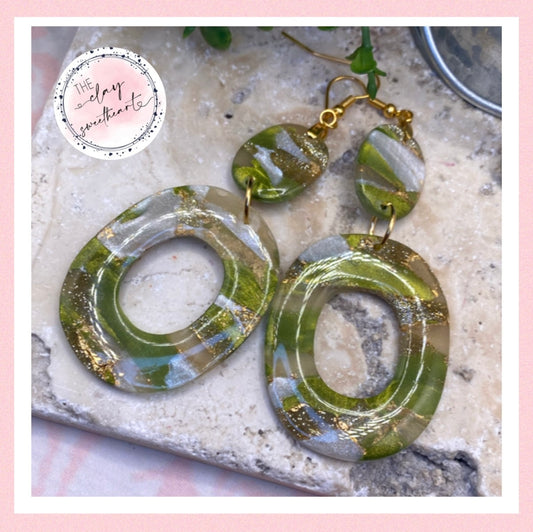 1707 green and gold polymer clay large hoop earrings