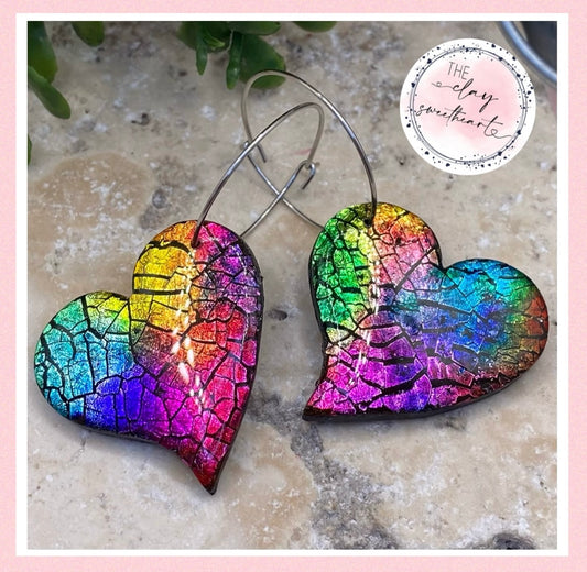 004 Rainbow prism polymer clay heart earrings