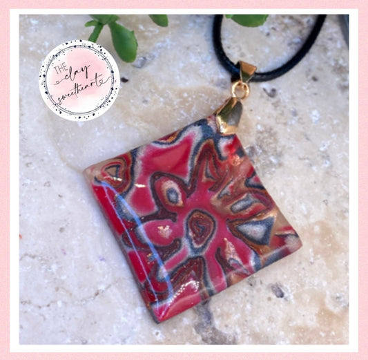 2220 red metallic floral polymer clay necklace