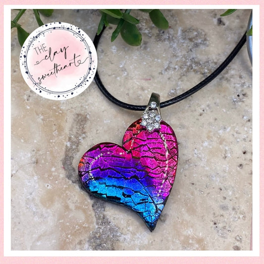 005 Rainbow prism polymer clay heart necklace