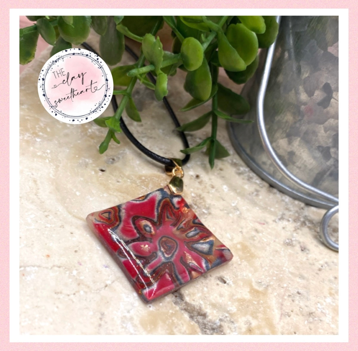 2220 red metallic floral polymer clay necklace