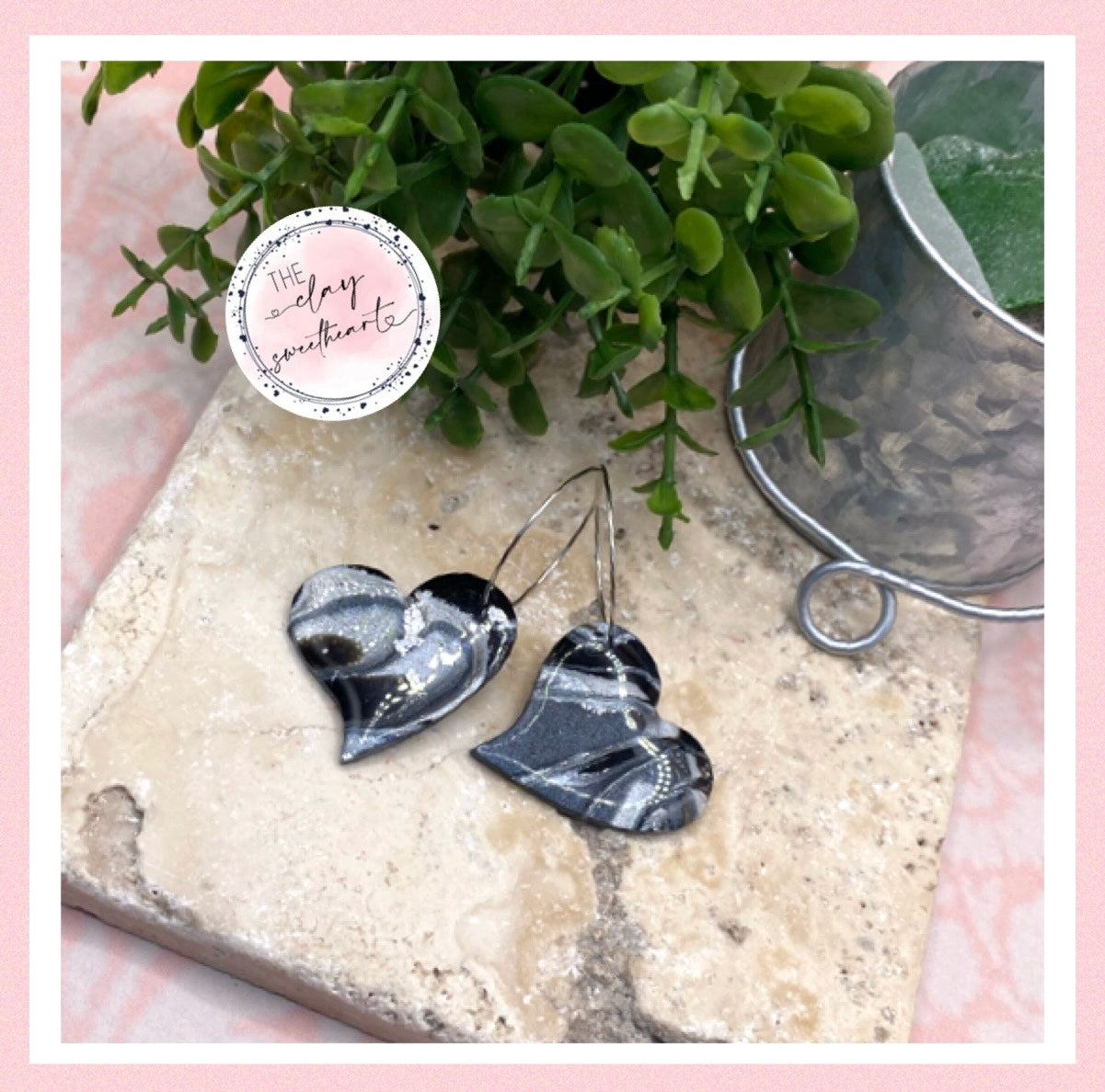 1307 polymer clay black and silver heart hoop earrings